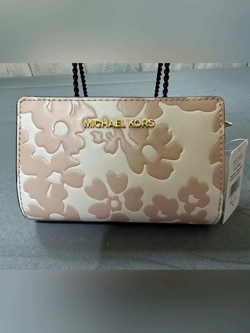 Michael Kors Pink & White Floral Appliqué Wallet with Gold Logo
